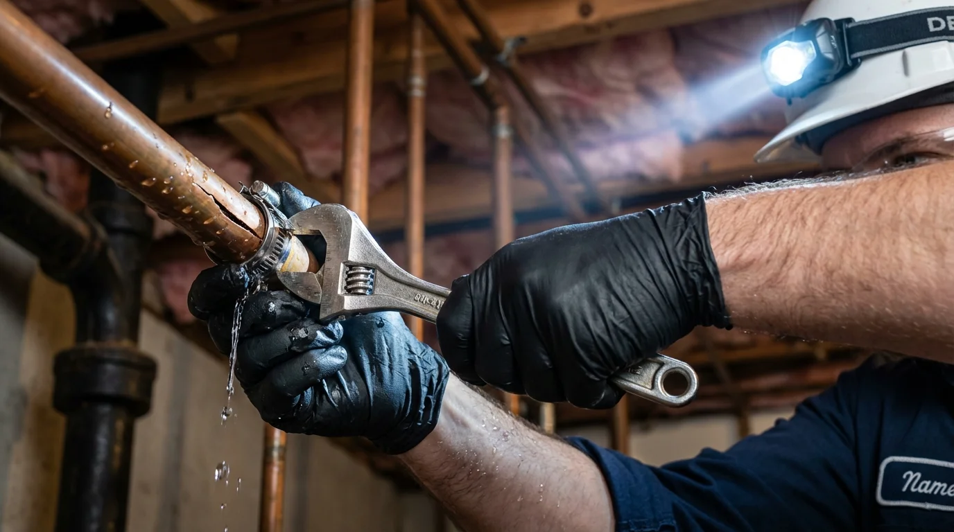 Emergency pipe clamp repair being performed by a Johns Plumbing LLC plumber in Ivanhoe