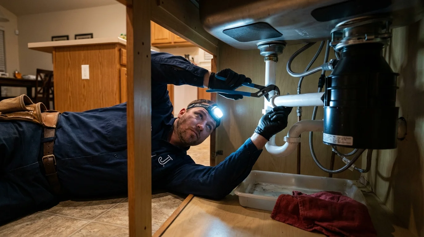 P-trap and supply line connections under a kitchen sink showing a common leak point in Ivanhoe, MN